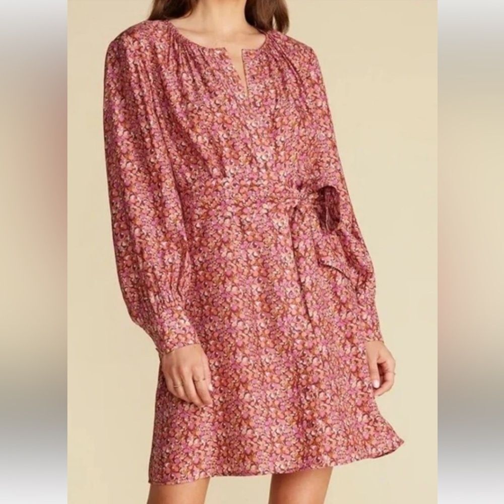 Amour Vert Marais Tie Belt Long Sleeve Mini Dress in Rennes Pink Women's Sz S